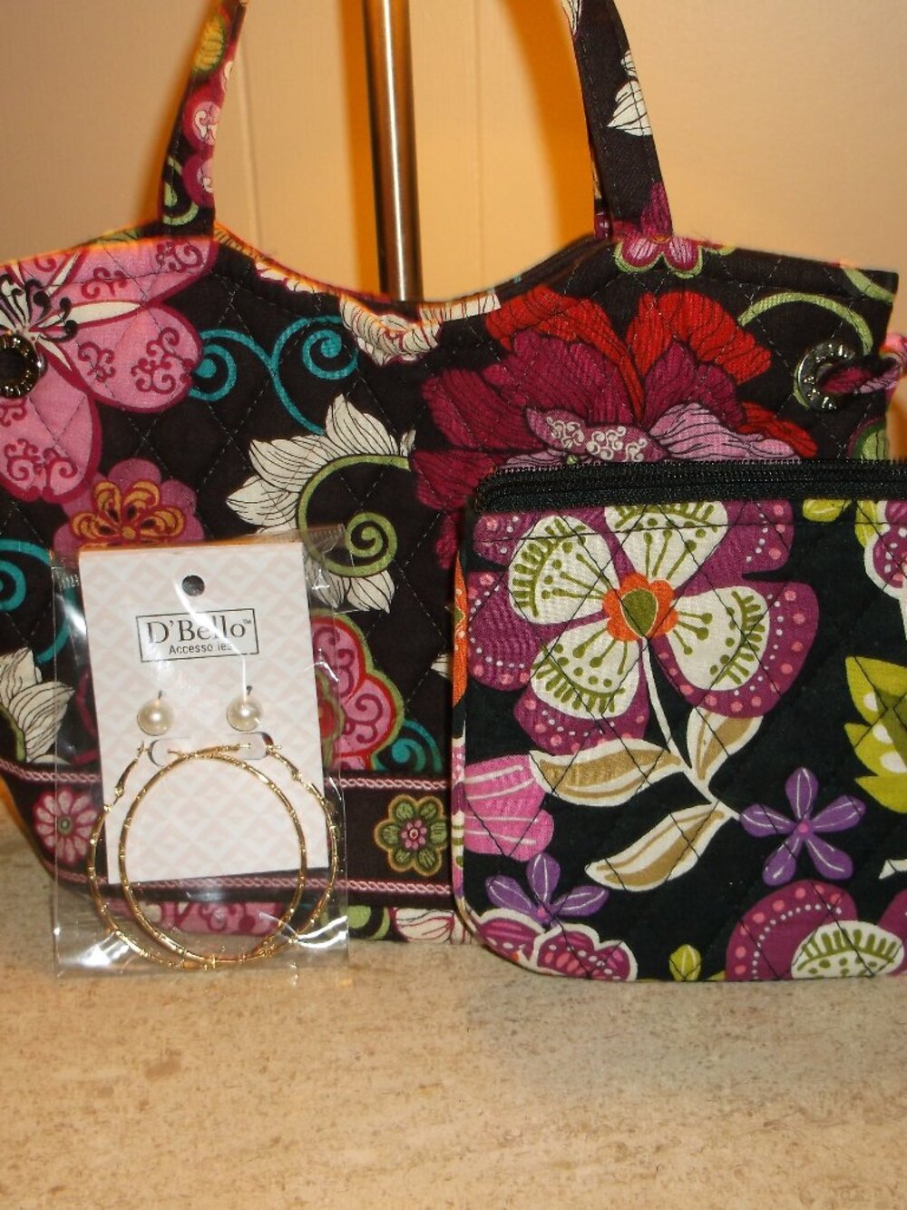 Vera Bradley Quilted Floral Tote & Zip Clutch Bundle • Like New + 2‑Set Earrings